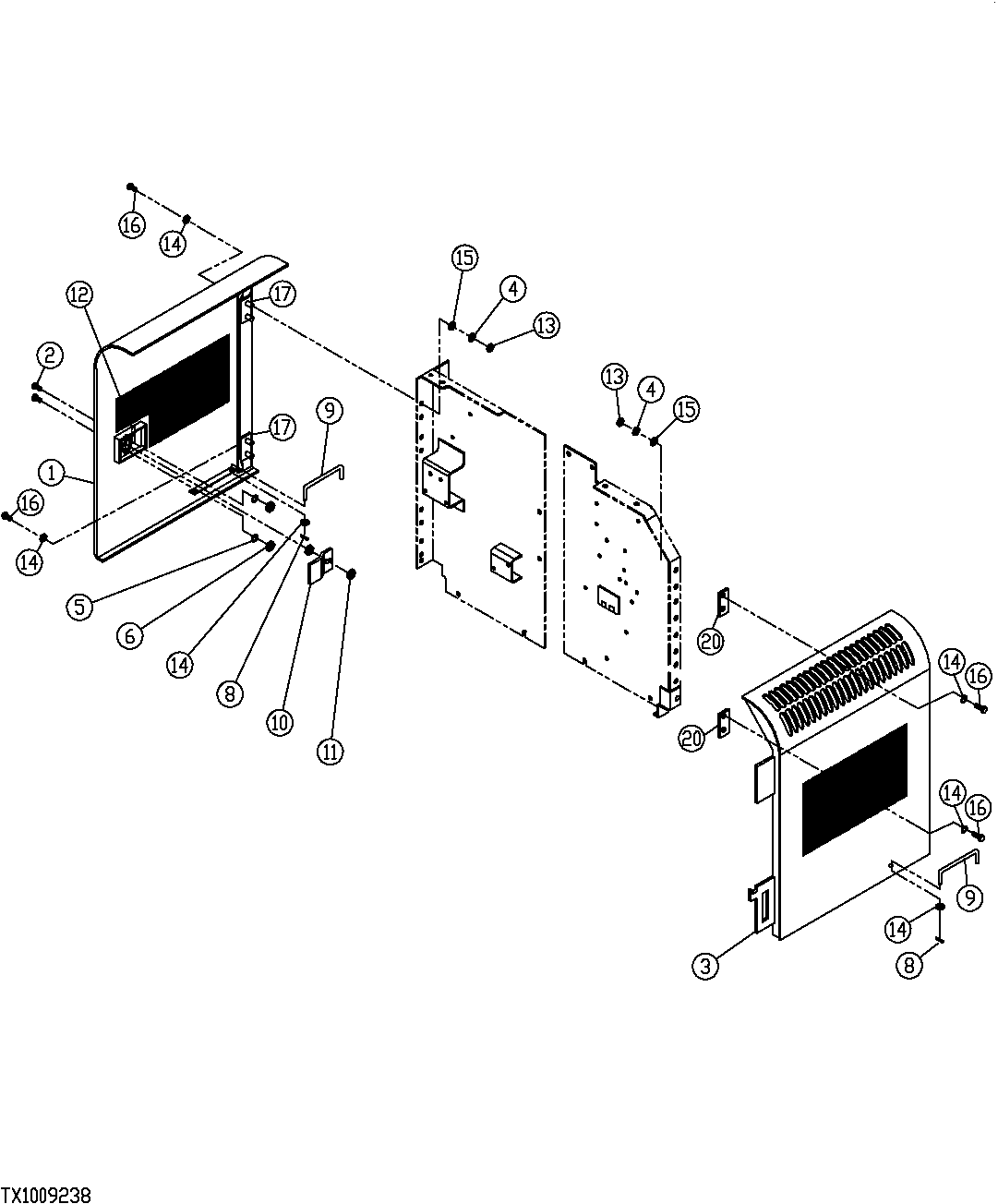 Схема запчастей John Deere 7C ZTS - 448 - RADIATOR AND HYDRAULIC PUMP COMPARTMENT ACCESS DOORS 1910 HOOD, SIDE PANELS, SHIELDS, AND ACCESS DOORS