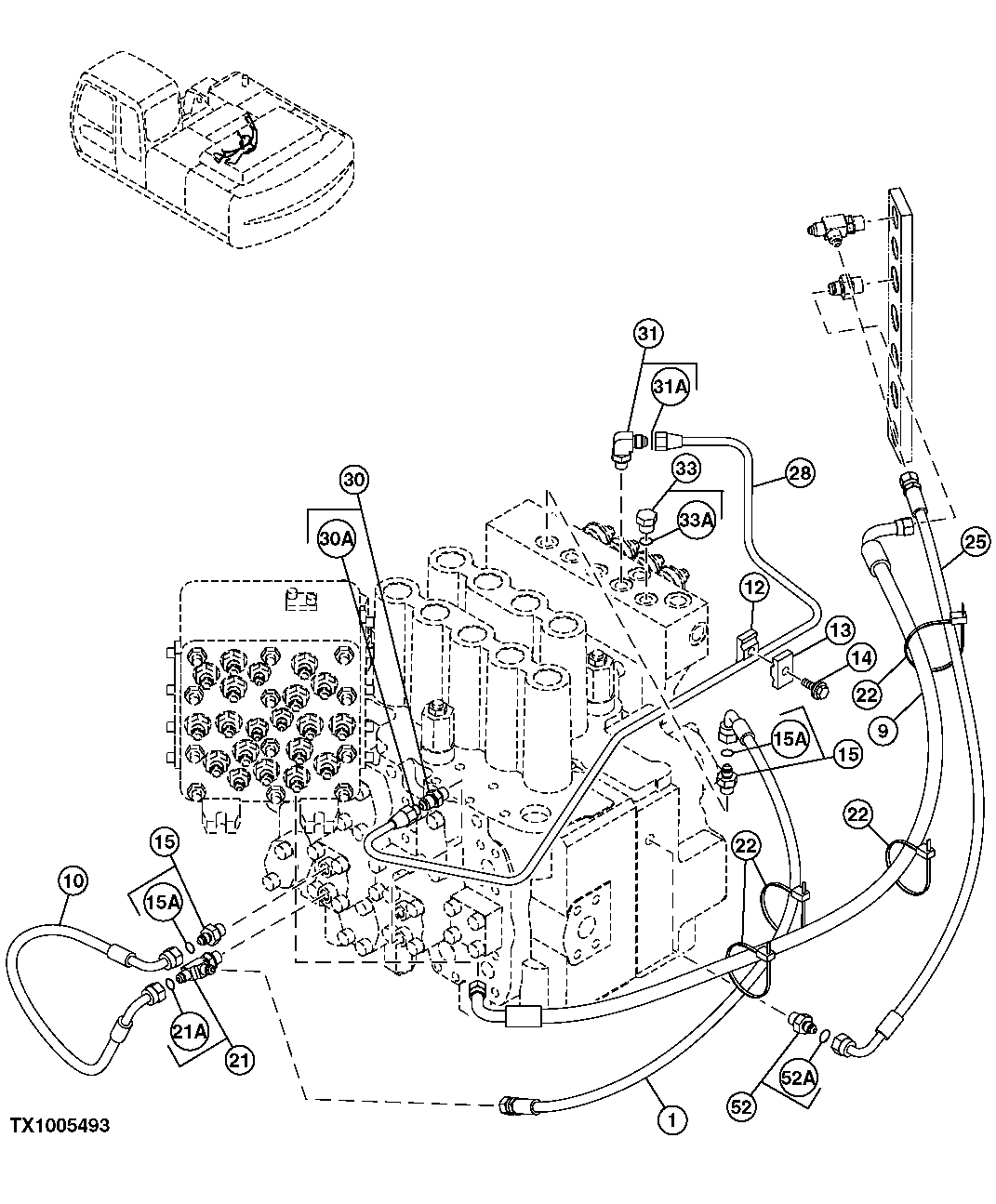 Схема запчастей John Deere 7C ZTS - 585 - PILOT LINES AND HOSES (RESERVOIR TO SIGNAL MANIFOLD, CONTROL VALVE) 3363 LINES, HOSES & FITTINGS