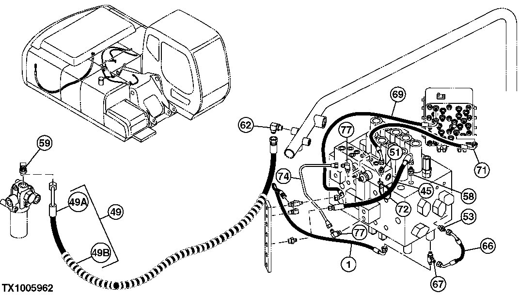 Схема запчастей John Deere 7C ZTS - 586 - PILOT HOSES (RESERVOIR TO CONTROL VALVE, SIGNAL MANIFOLD) 3363 LINES, HOSES & FITTINGS