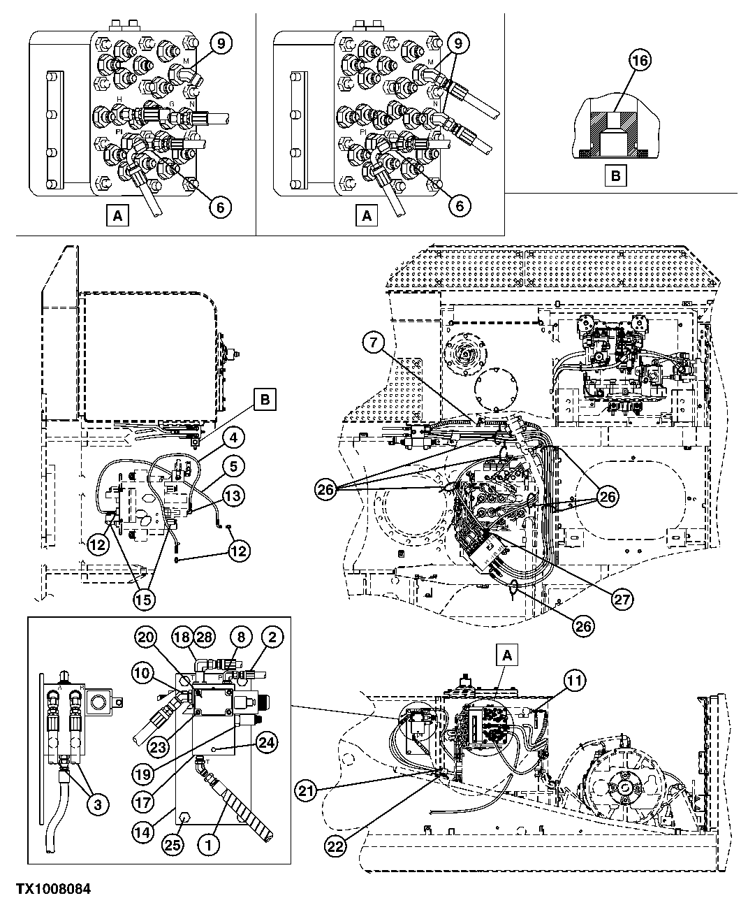 Схема запчастей John Deere 7C ZTS - 595 - HEELER AND DOUBLE FUNCTION PILOT PLUMBING 3363 LINES, HOSES & FITTINGS