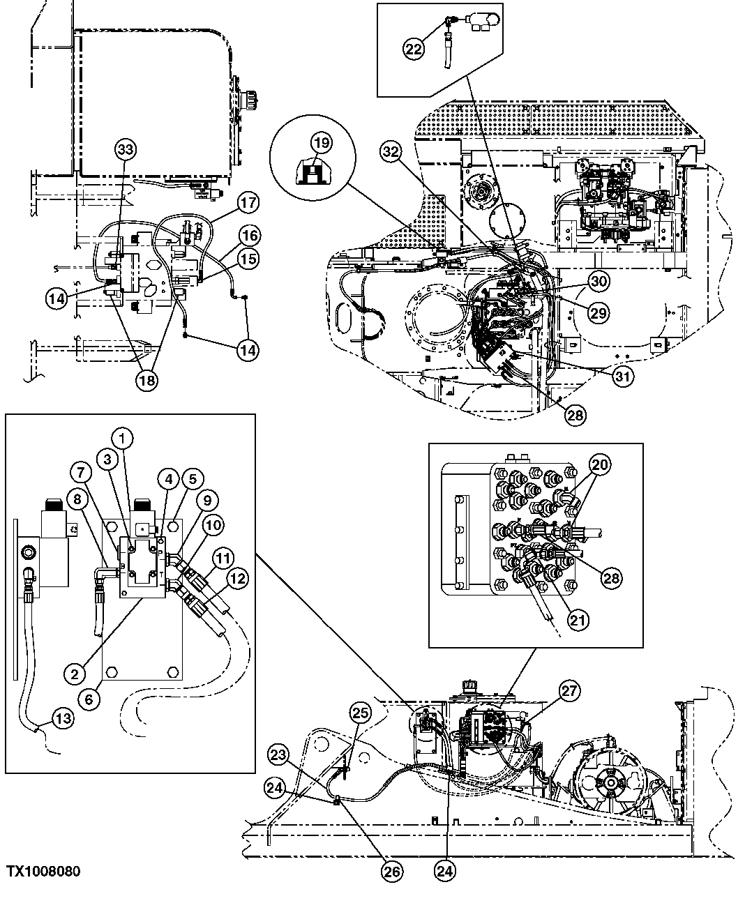 Схема запчастей John Deere 7C ZTS - 601 - VALVE IN HEAD PILOT PLUMBING 3363 LINES, HOSES & FITTINGS