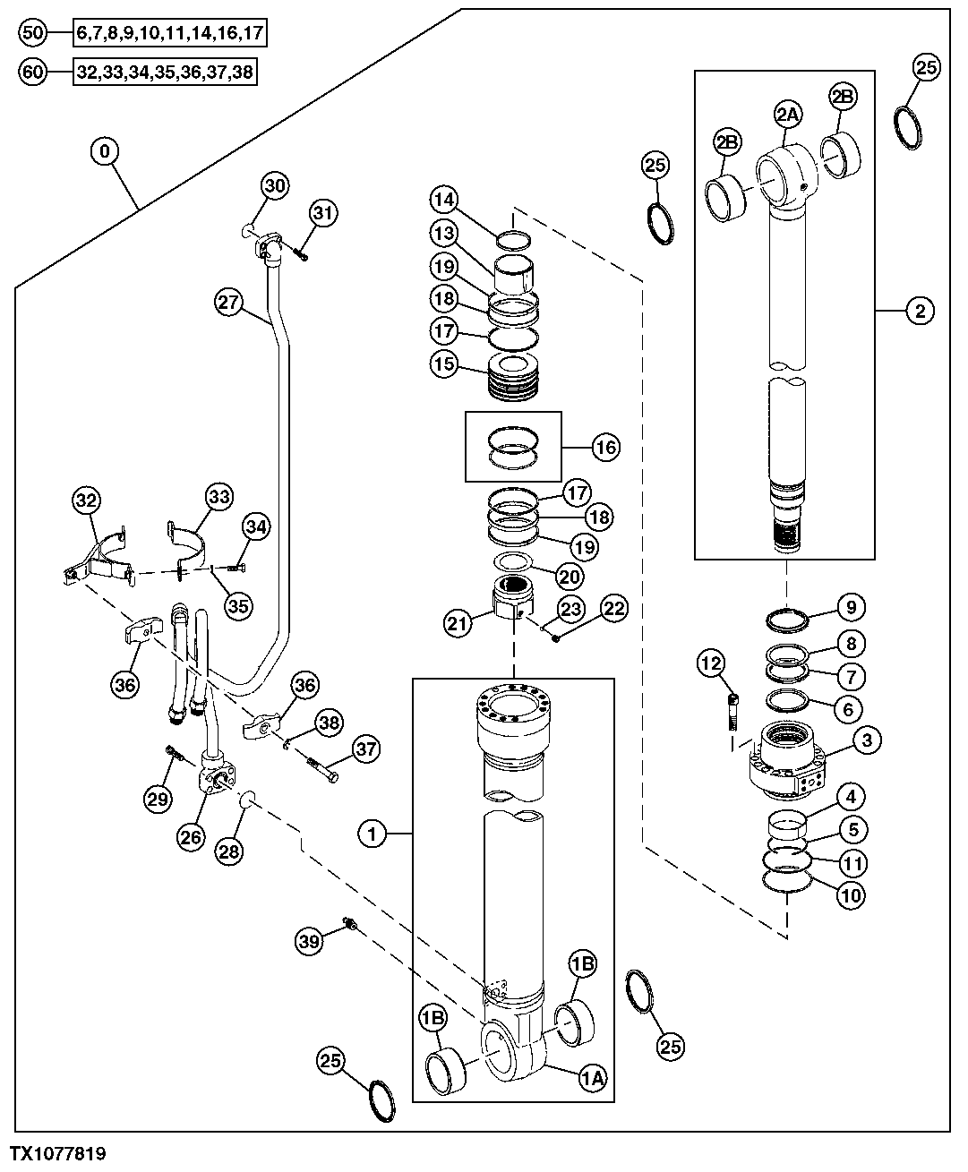 Схема запчастей John Deere 7C ZTS - 623 - Right Boom Cylinder Components, 230CLC Front, Units Built After August 2003 3365 Hydraulic Cylinders