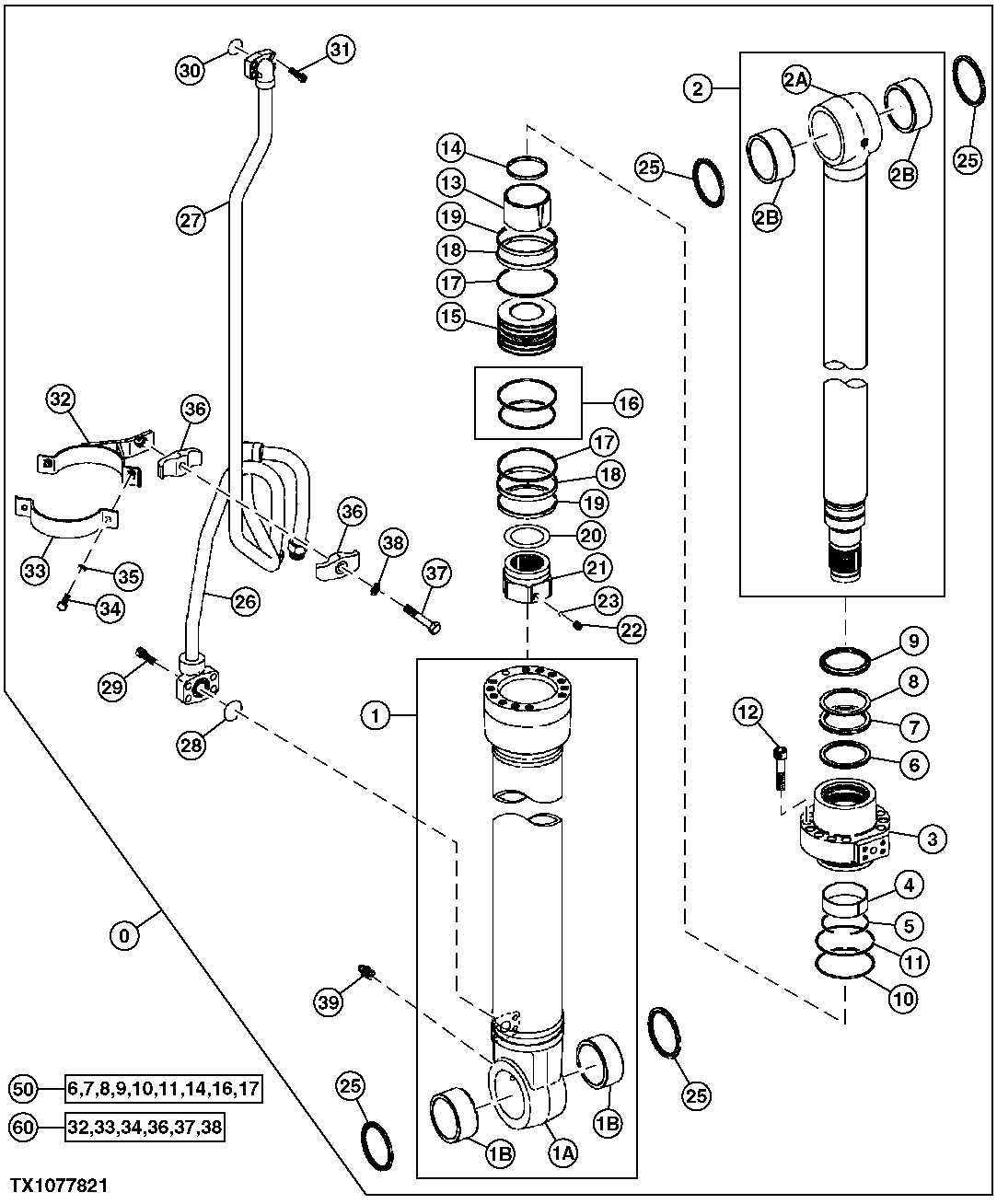 Схема запчастей John Deere 7C ZTS - 625 - Left Boom Cylinder Components, 230CLC Front, Units Built After August 2003 3365 Hydraulic Cylinders