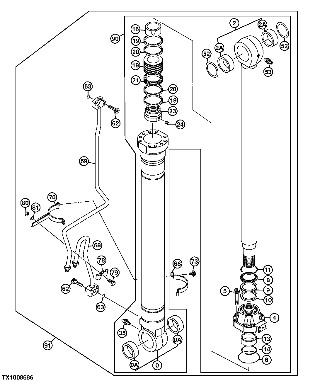 Схема запчастей John Deere 7C ZTS - 640 - RIGHT BOOM CYLINDER (VALVE IN HEAD) (LIVE-HEEL) (SN -200013) 3365 Hydraulic Cylinders