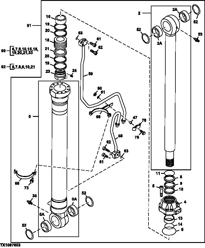 Схема запчастей John Deere 7C ZTS - 644 - LEFT BOOM CYLINDER (VALVE IN HEAD) (LIVE-HEEL) (SN 200014-200222) 3365 Hydraulic Cylinders