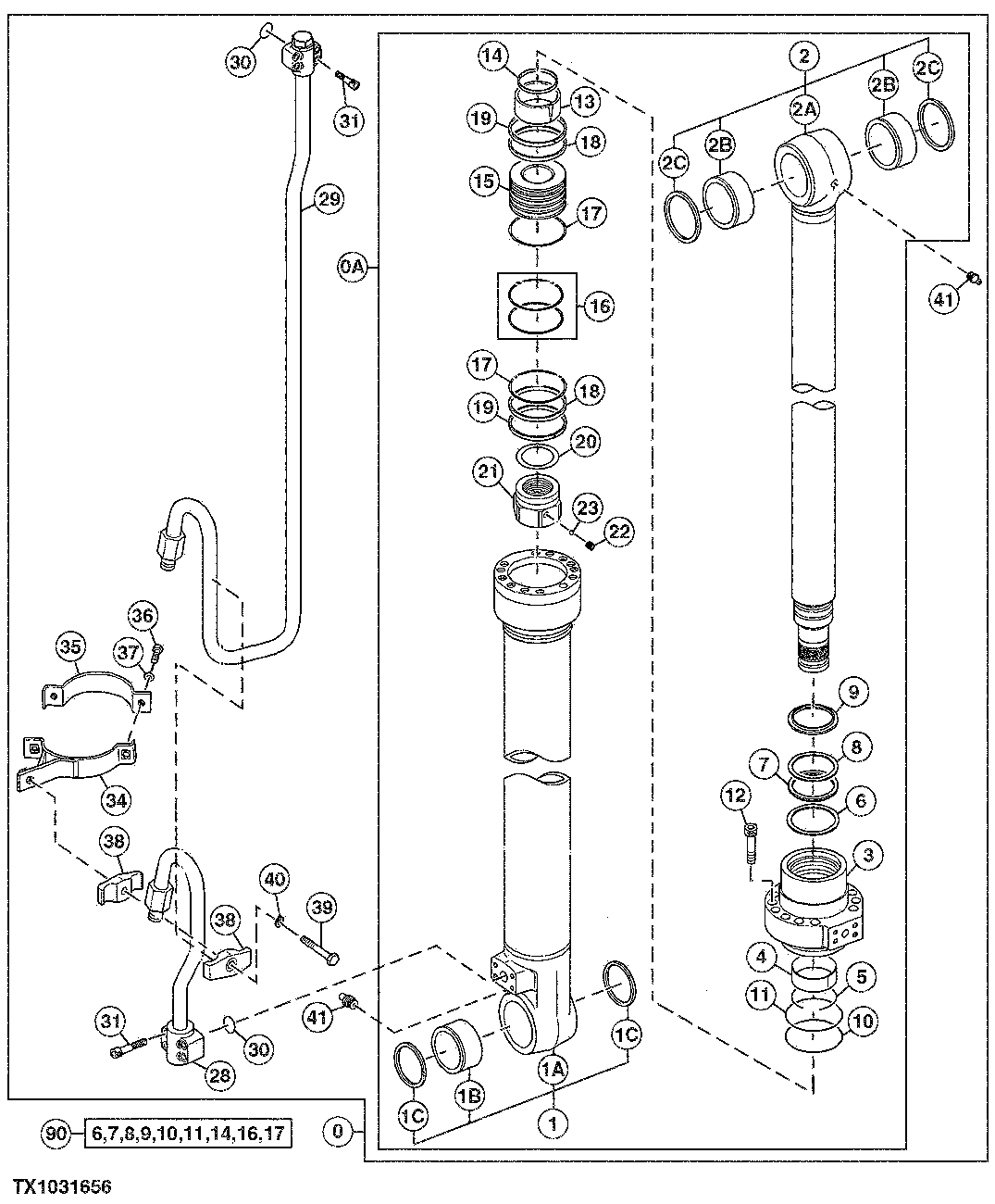 Схема запчастей John Deere 7C ZTS - 645 - LEFT BOOM CYLINDER (VALVE IN HEAD) (LIVE-HEEL) (SN 200223- ) 3365 Hydraulic Cylinders