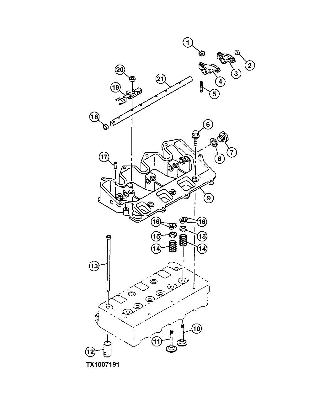 Схема запчастей John Deere 5C ZTS - 19 - Rocker Arm Shaft, Push Rods and Rocker Arms 0402 Camshaft And Valve Actuating Means