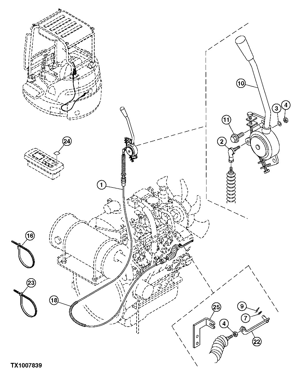 Схема запчастей John Deere 5C ZTS - 47 - ENGINE CONTROL CABLE 0515 Engine Speed Controls