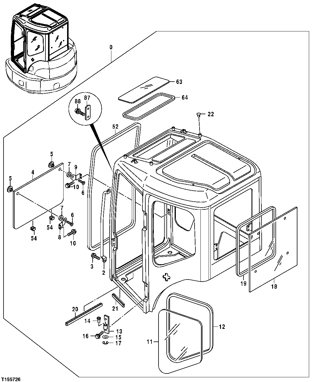 Схема запчастей John Deere 5C ZTS - 77 - CAB COMPONENTS (LEFT, REAR AND ROOF WINDOWS AND HANDRAIL) 1813 Body Sides, Doors, Shields And Glazing