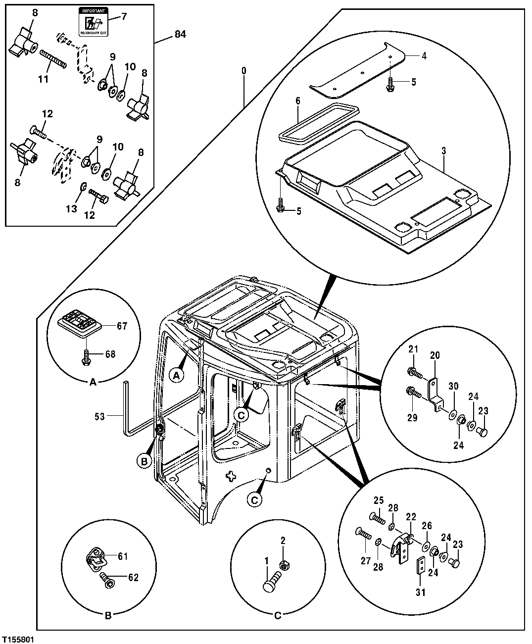 Схема запчастей John Deere 5C ZTS - 79 - CAB COMPONENTS (INSIDE ROOF AND INTERIOR LIGHT) 1813 Body Sides, Doors, Shields And Glazing