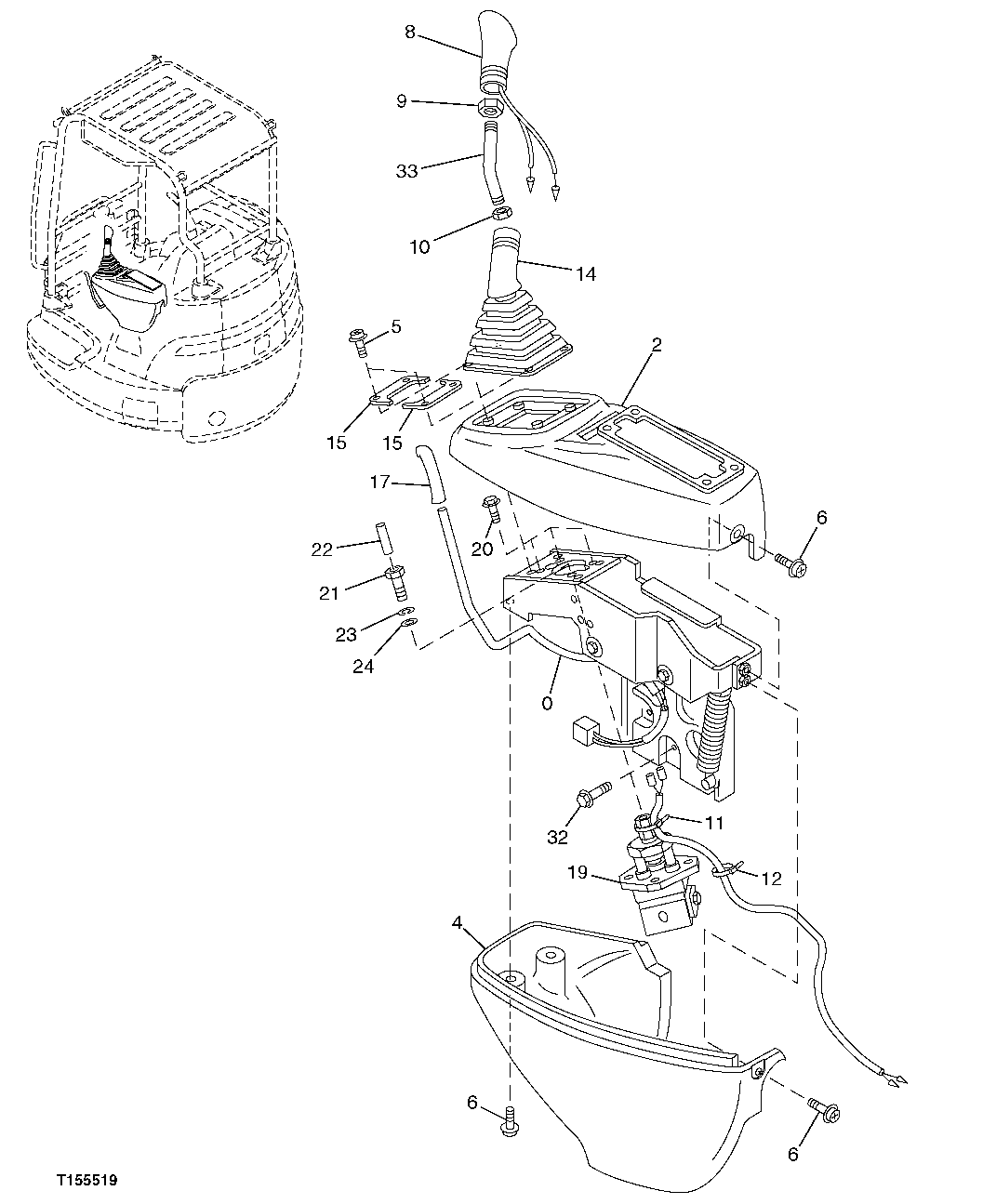 Схема запчастей John Deere 5C ZTS - 152 - CONSOLE (LEFT) AND PILOT CONTROL LEVER (DIG AND SWING) 3315 Controls Linkage