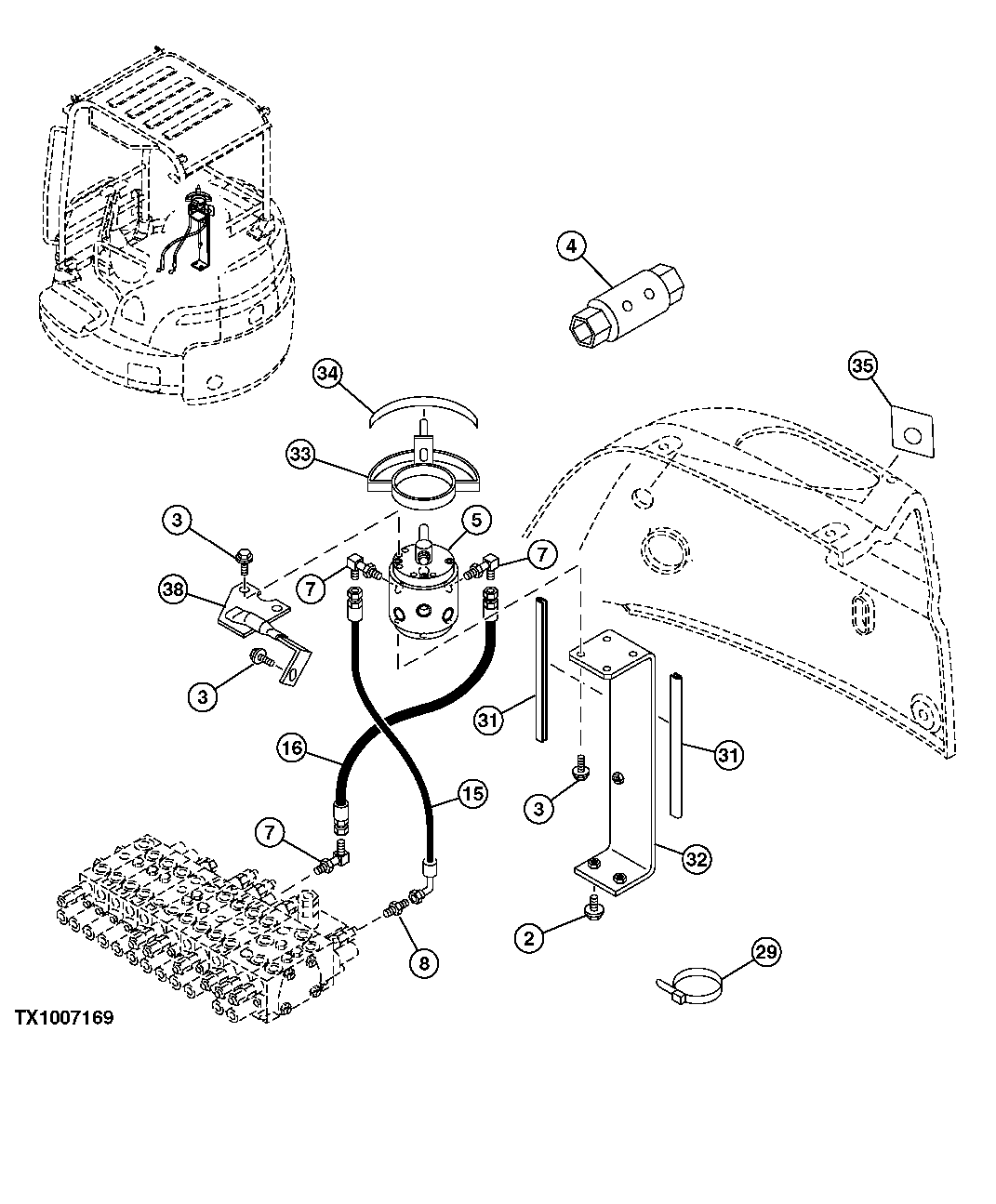 Схема запчастей John Deere 5C ZTS - 188 - PILOT CONTROLLER PATTERN CONVERSION VALVE (2-WAY) AND LINES (COMPLETE) 3363 LINES, HOSES & FITTINGS