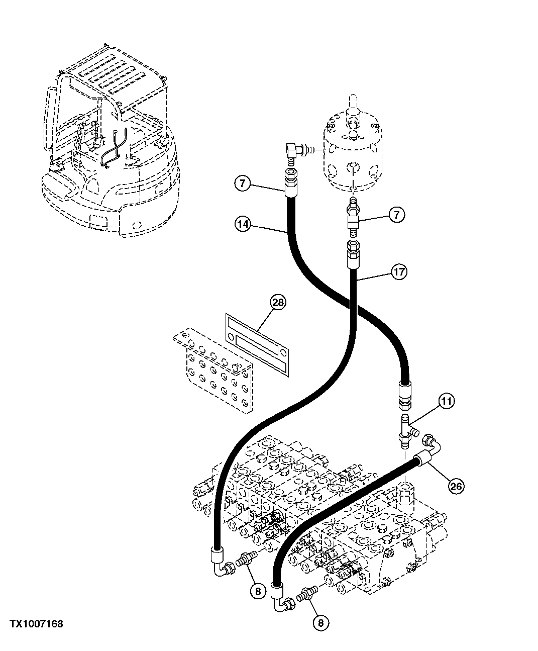 Схема запчастей John Deere 5C ZTS - 189 - PILOT CONTROLLER PATTERN CONVERSION VALVE (2-WAY) AND LINES 3363 LINES, HOSES & FITTINGS