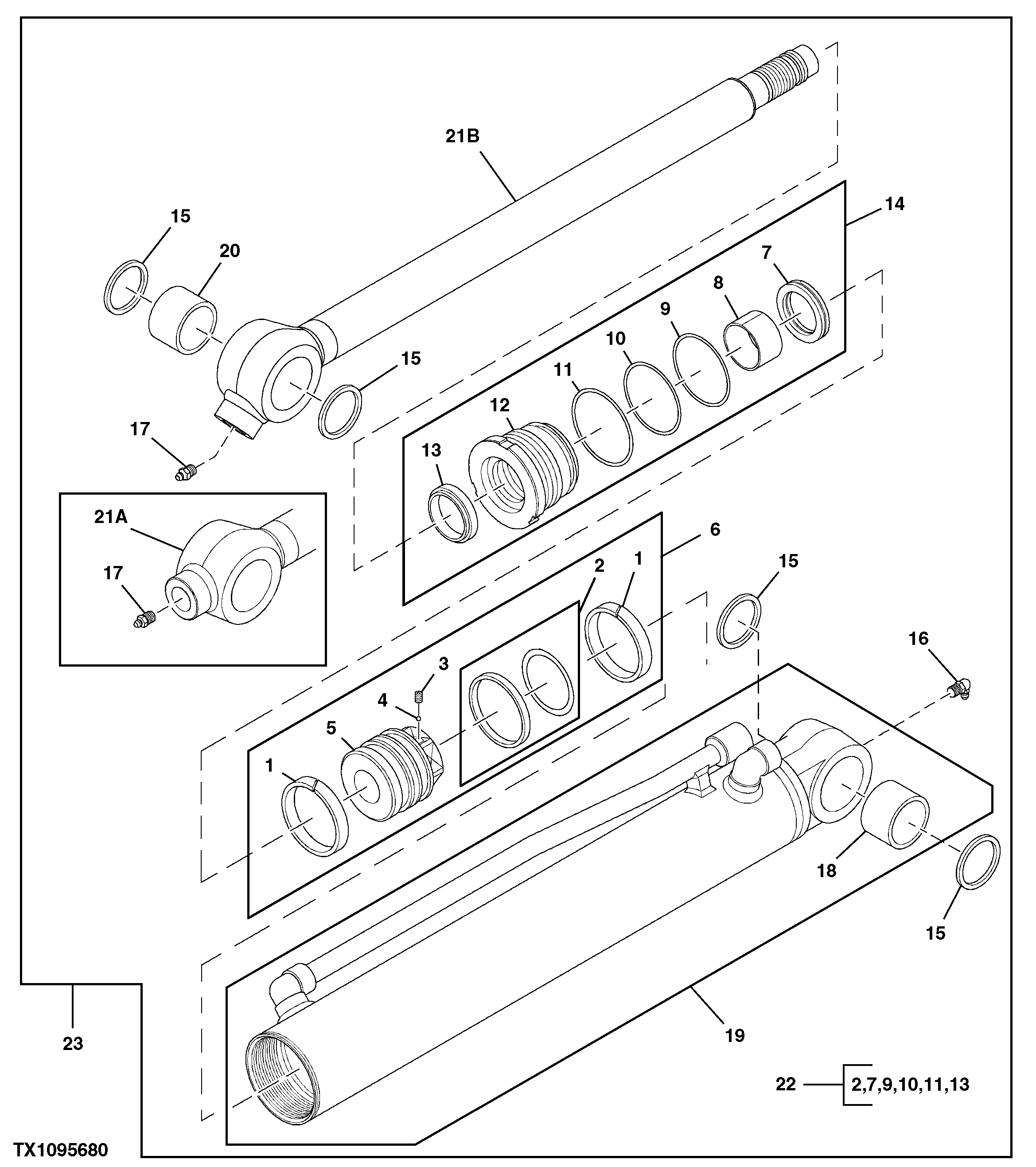 Схема запчастей John Deere 5C ZTS - 201 - BUCKET CYLINDER (COMPONENTS) 3365 Hydraulic Cylinders