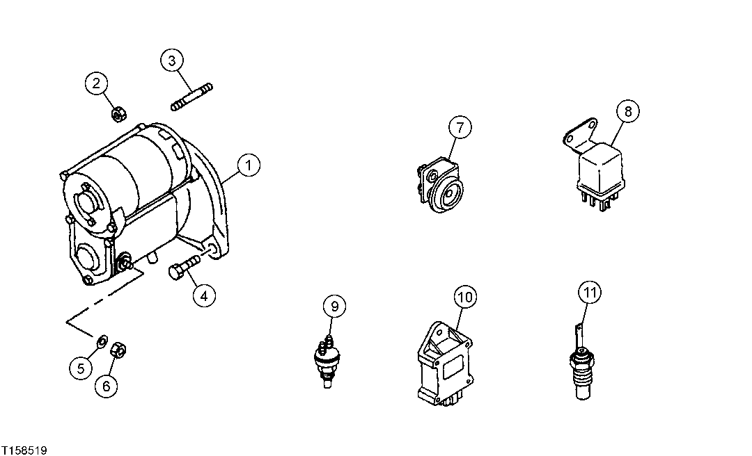 Схема запчастей John Deere 554 - 41 - Starter Motor And Electrical Control Parts 0422 Starting Motor And Fastenings