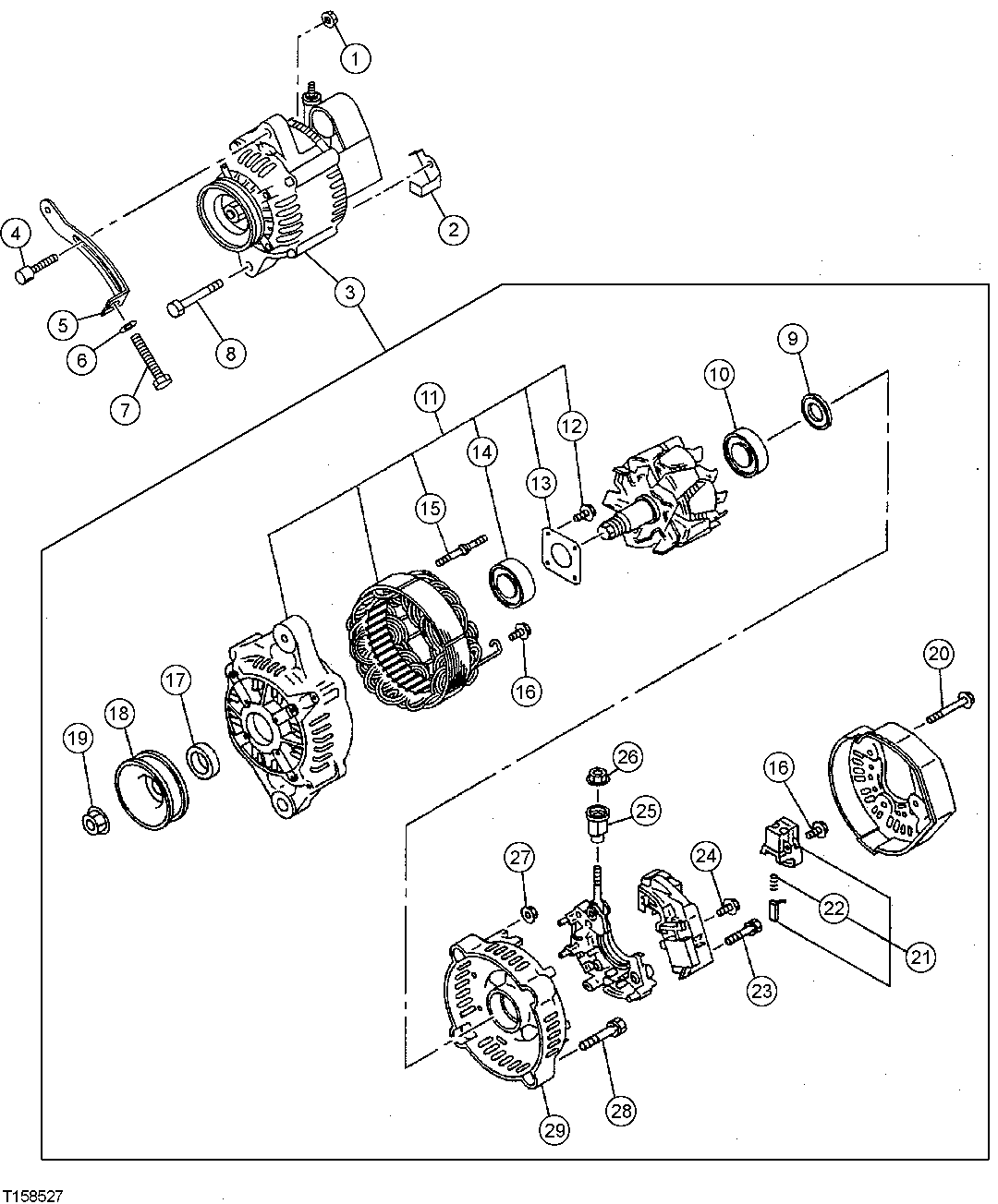 Схема запчастей John Deere 554 - 43 - ALTERNATOR AND MOUNTING BRACKET 0423 ALTERNATOR AND MOUNTING