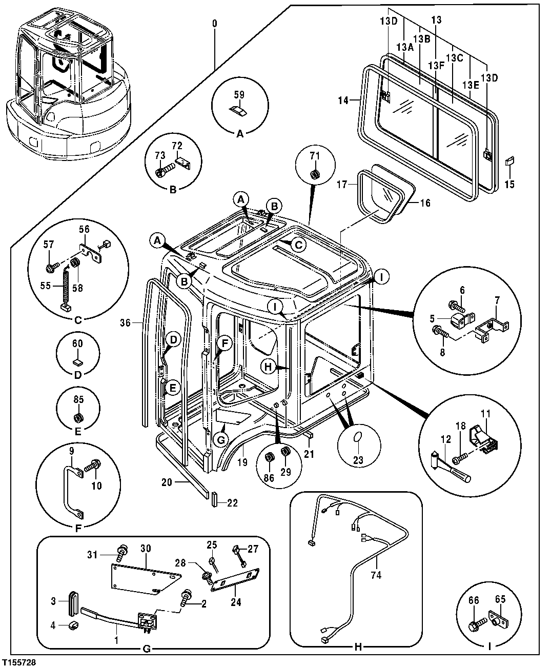 Схема запчастей John Deere 554 - 74 - CAB COMPONENTS (RIGHT WINDOWS AND LATCHES) 1810 Operator Enclosure