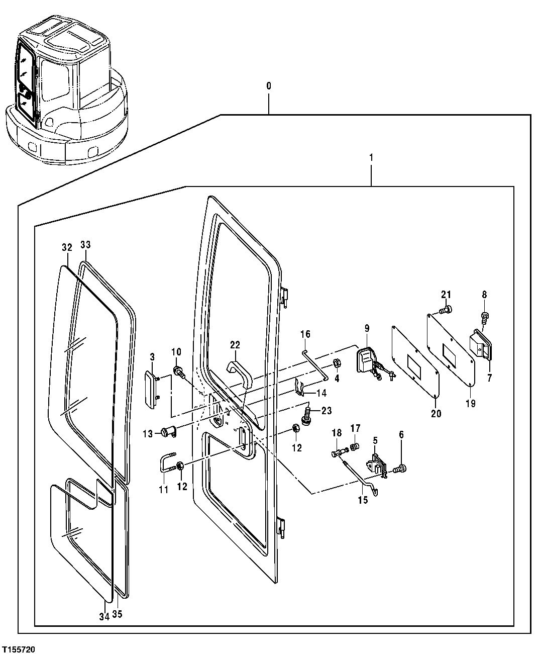 Схема запчастей John Deere 554 - 76 - Cab Components (Door) 1810 Operator Enclosure