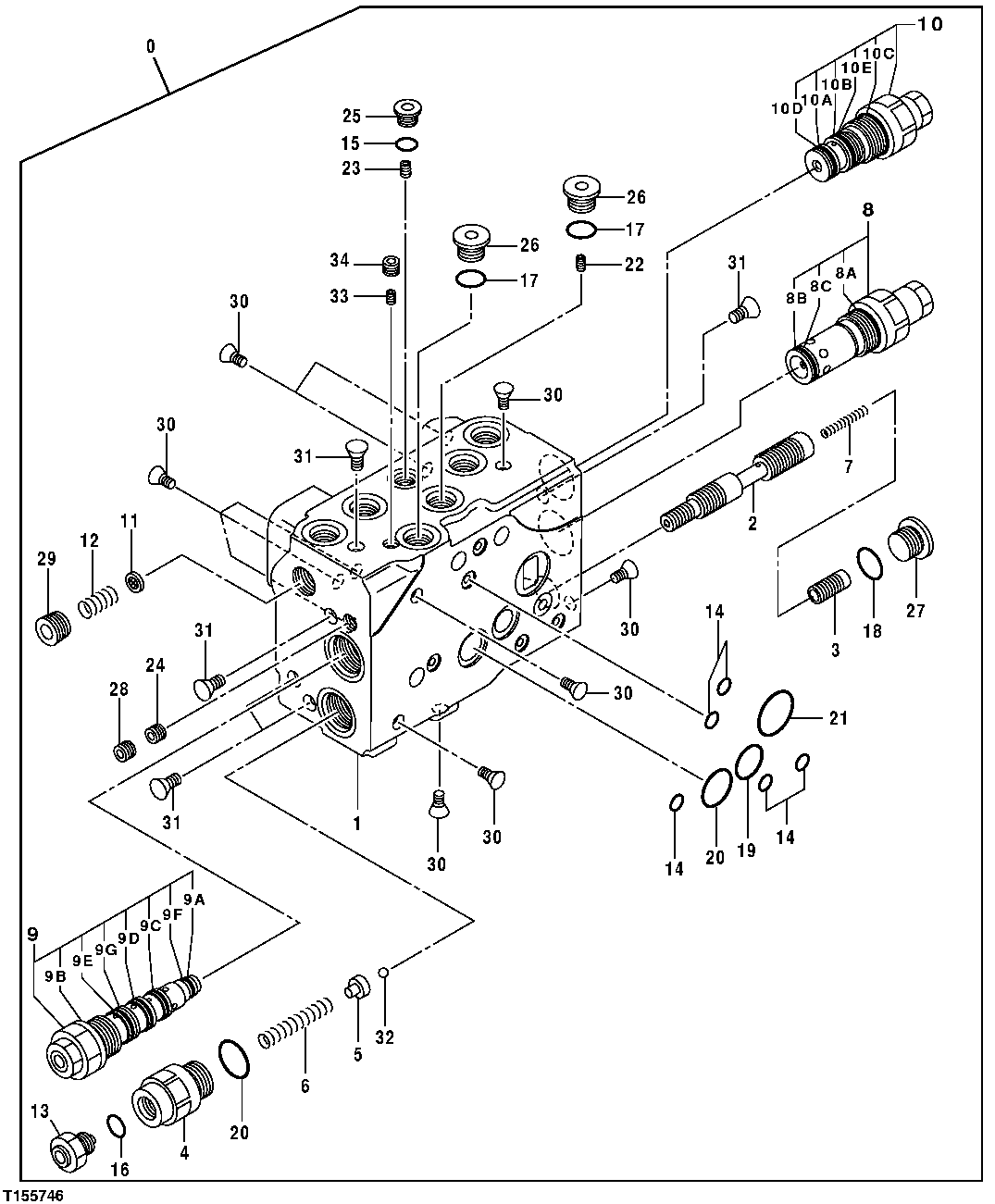 Схема запчастей John Deere 554 - 167 - Main Control Valve Components - Relief Valve End Section 3360 HYDRAULIC SYSTEM