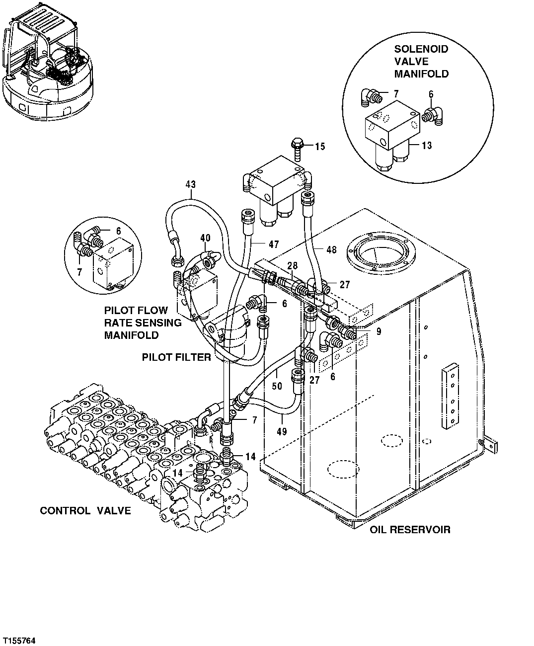 Схема запчастей John Deere 554 - 183 - PILOT LINES (CONTROL VALVE, OIL RESERVOIR, FILTER AND VALVES) 3360 HYDRAULIC SYSTEM