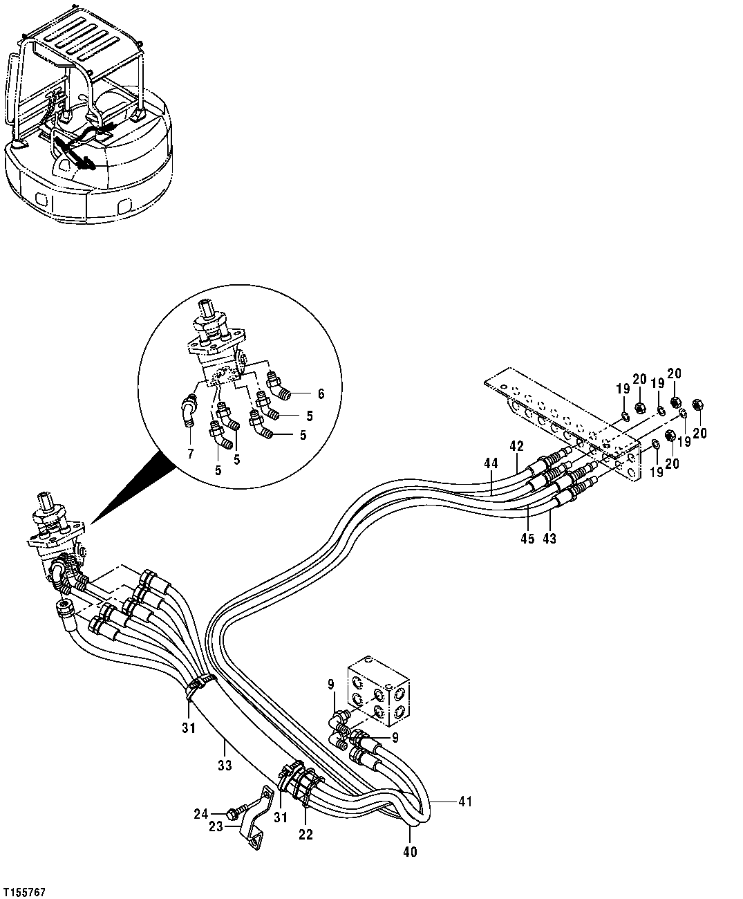 Схема запчастей John Deere 554 - 187 - PILOT LINES - LEFT PILOT CONTROL VALVE 3360 HYDRAULIC SYSTEM