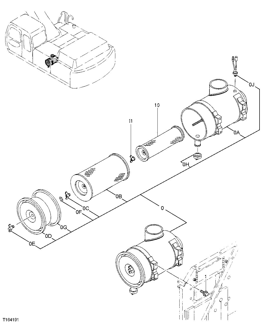 Схема запчастей John Deere 35C RTS - 174 - AIR CLEANER,FILTER ELEMENTS AND RESTRICTION SENSOR 0520 INTAKE SYSTEM