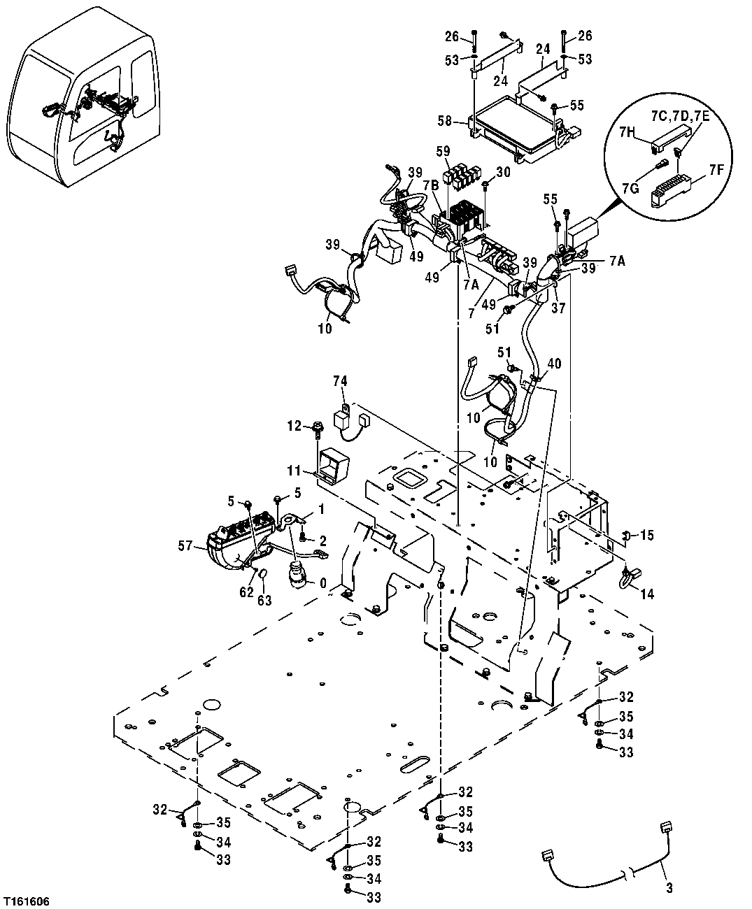 Схема запчастей John Deere 35C RTS - 217 - CAB SWITCHES,RELAYS,FUSES AND CONTROLLERS 1674 WIRING HARNESS AND SWITCHES