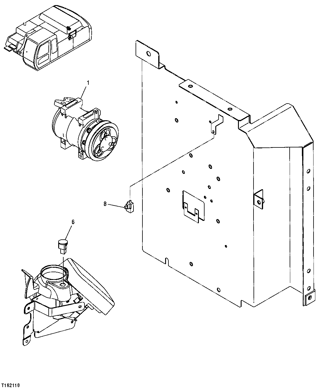 Схема запчастей John Deere 35C RTS - 299 - AIR CONDITIONING COMPRESSOR AND SHUTOFF SENSOR 1830 HEATING & AIR CONDITIONING