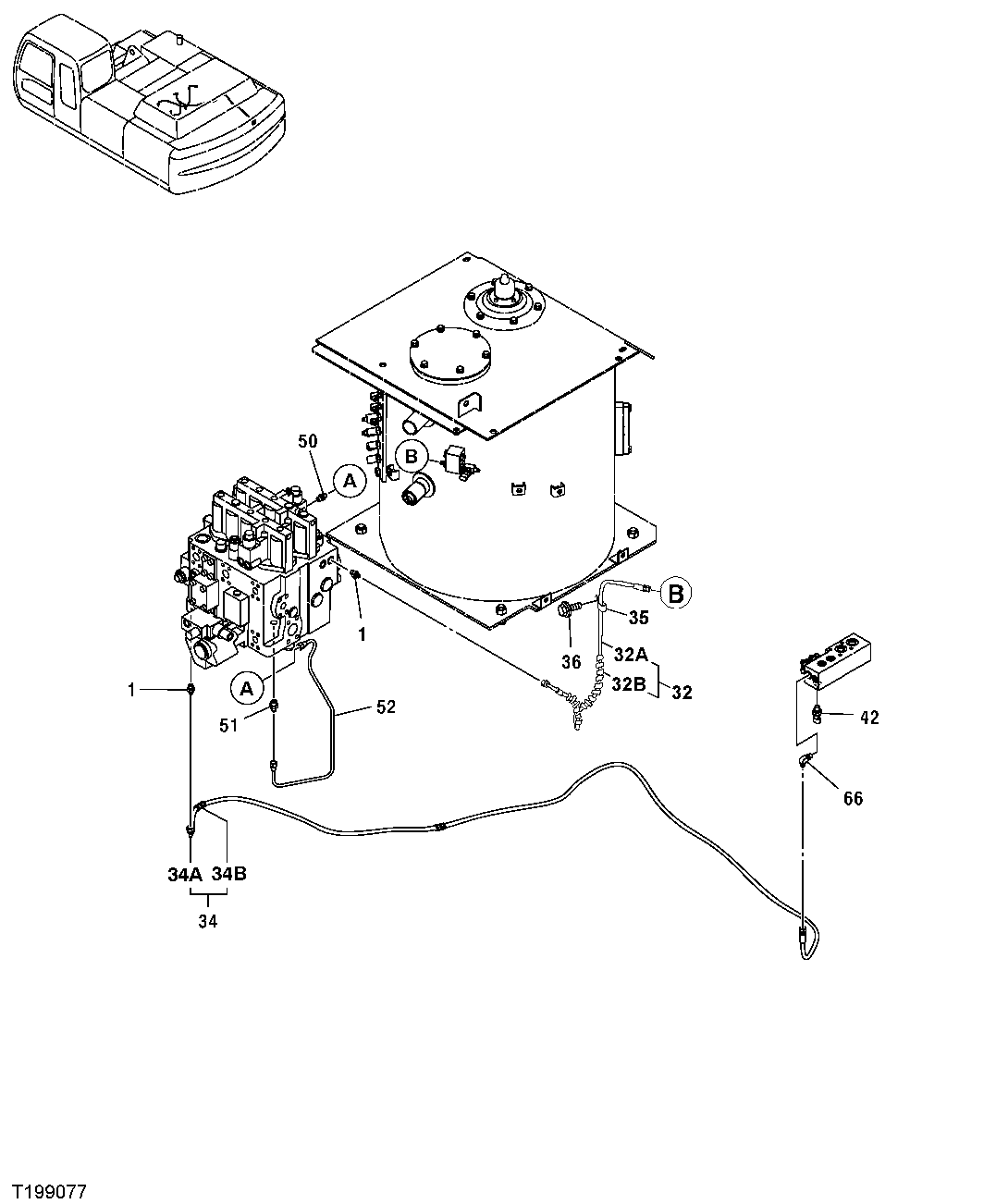 Схема запчастей John Deere 35C RTS - 512 - PILOT HOSES (CONTROL VALVE TO FLOW REGULATOR AND RESERVOIR) 3360 HYDRAULIC SYSTEM