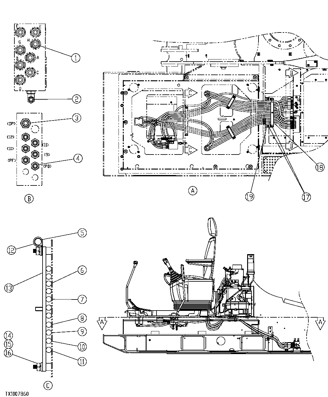 Схема запчастей John Deere 35C RTS - 546 - SIDE ENTRY CAB PILOT PLUMBING WITH 7" CAB RISER 3360 HYDRAULIC SYSTEM