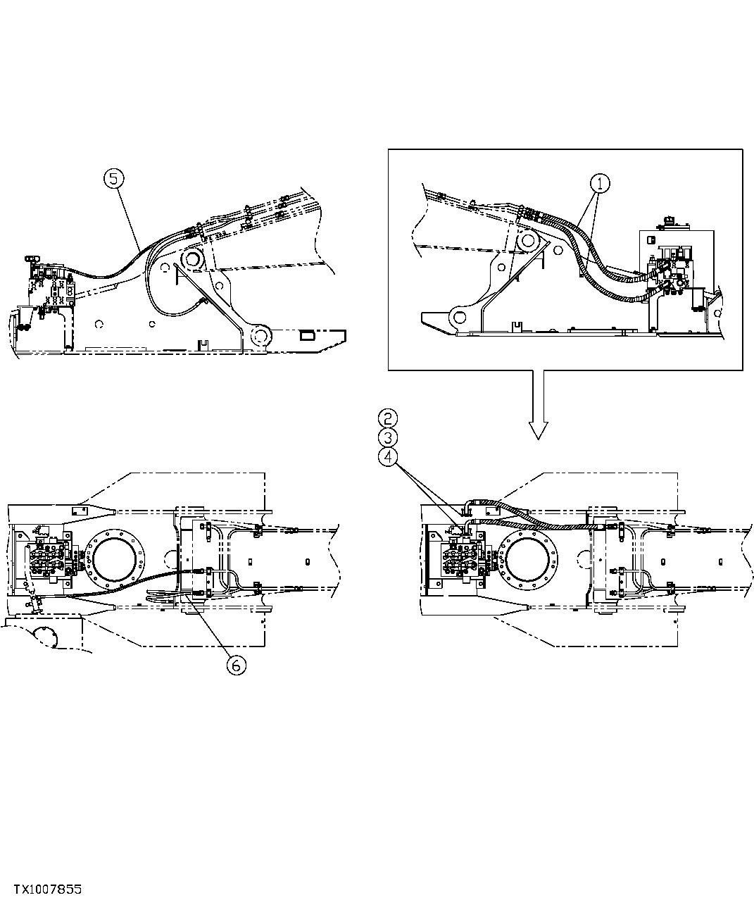 Схема запчастей John Deere 35C RTS - 551 - CONTROL VALVE TO BOOM LINE HOSES (DOUBLE FUNCTION) 3360 HYDRAULIC SYSTEM