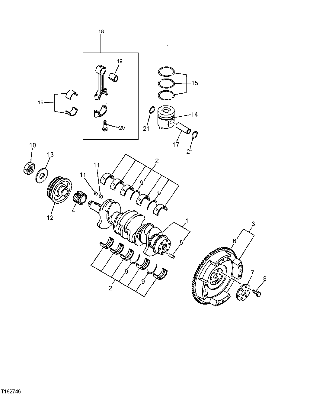 Схема запчастей John Deere 25CLC RTS - 16 - CRANKSHAFT, MAIN BEARINGS, FLYWHEEL AND PISTONS 0401 CRANKSHAFT AND MAIN BEARINGS