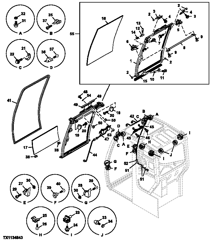 Схема запчастей John Deere 25CLC RTS - 92 - CAB COMPONENTS (FRONT WINDOW) 1810 OPERATORS ENCLOSURE