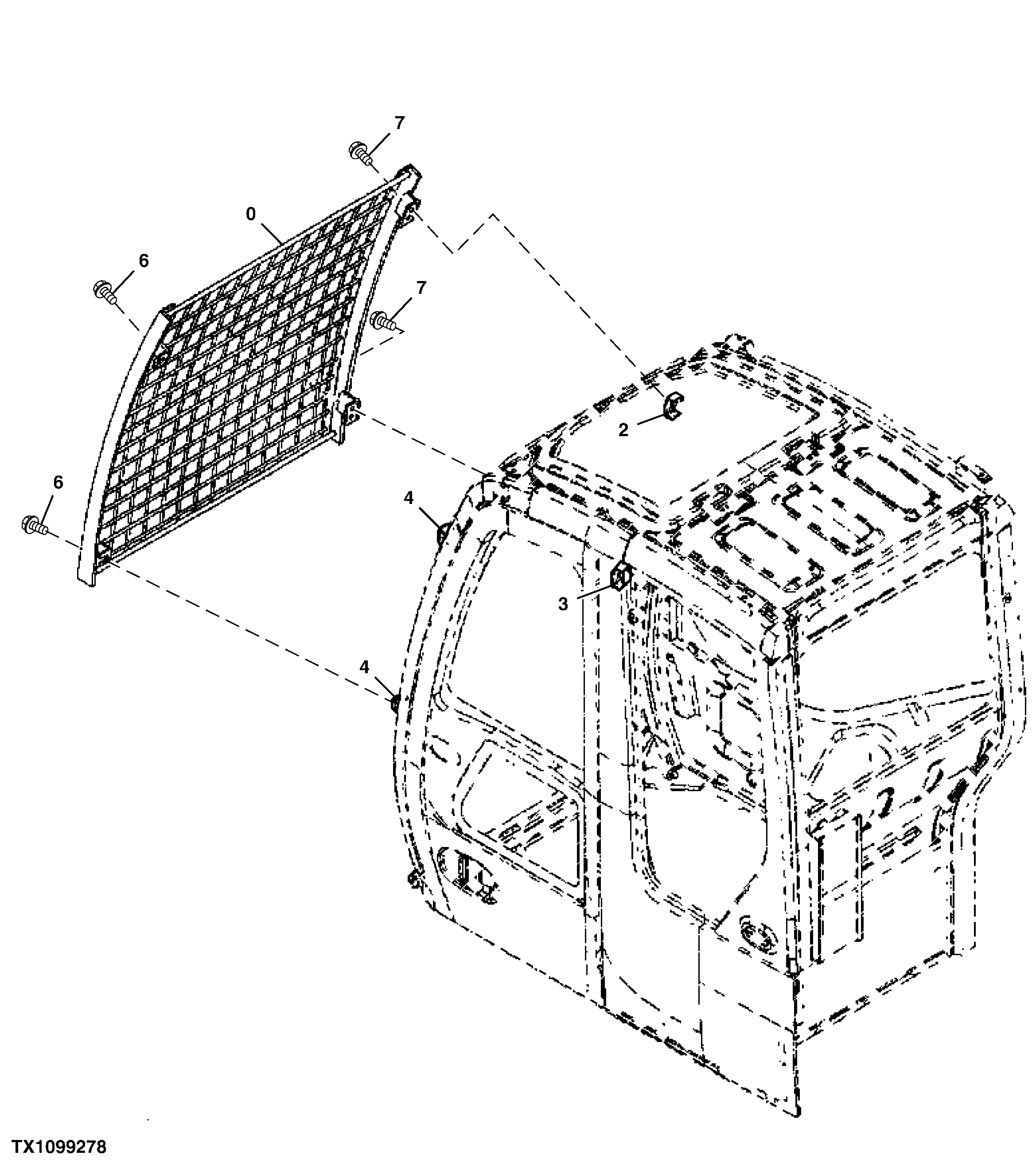 Схема запчастей John Deere 25CLC RTS - 96 - Front Guard (Upper) 1810 OPERATORS ENCLOSURE