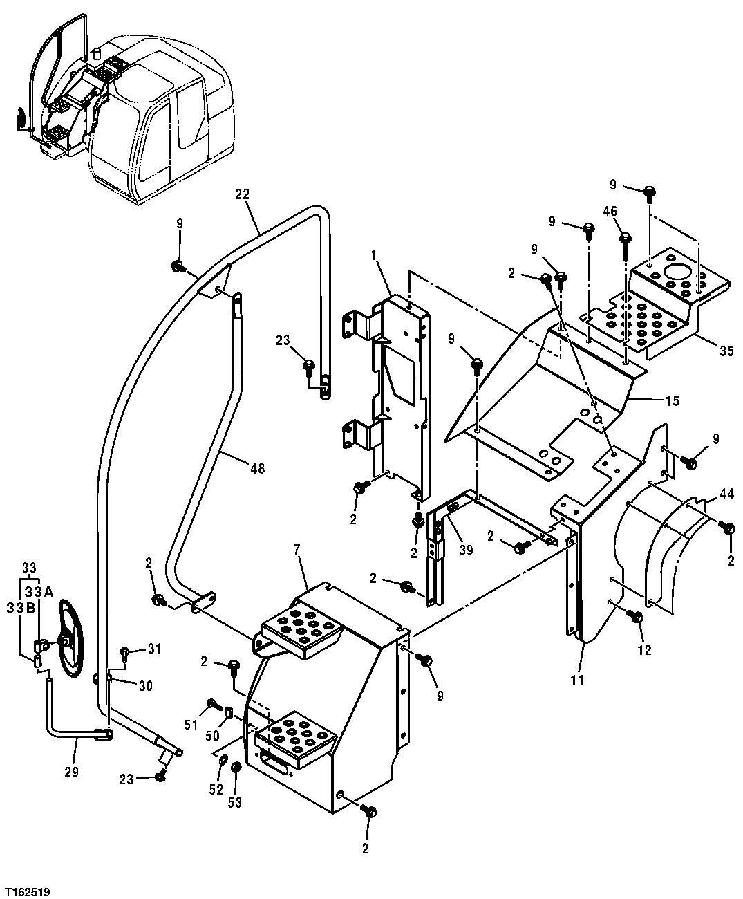 Схема запчастей John Deere 25CLC RTS - 129 - STEP HANDRAILS AND RIGHT SIDE MIRROR 1910 HOOD OR ENGINE ENCLOSURE