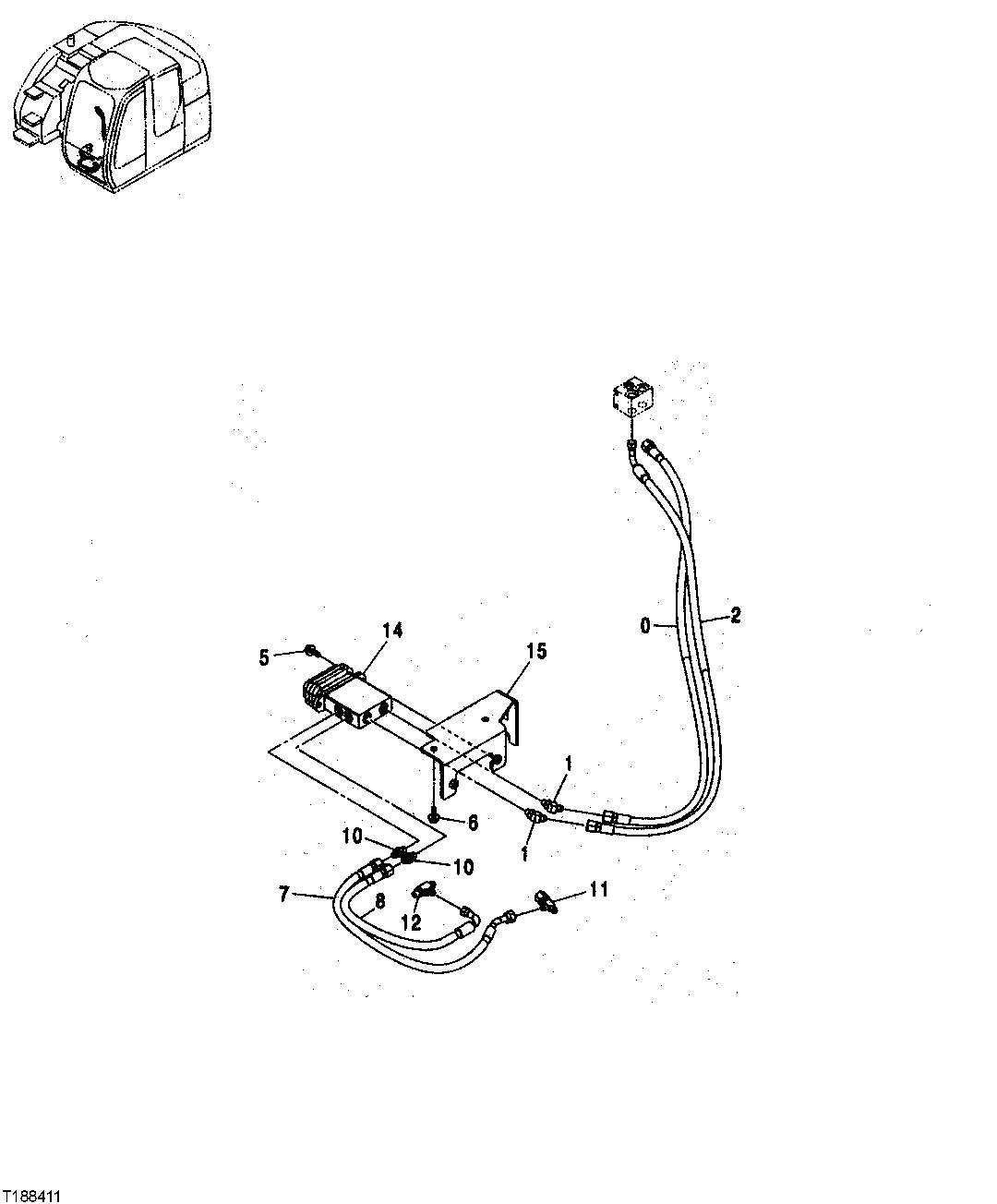 Схема запчастей John Deere 25CLC RTS - 142 - PILOT HOSES (BLADE CONTROL VALVE TO PILOT SHUTOFF VALVE) 3301 BLADES & SIDE CUTTERS