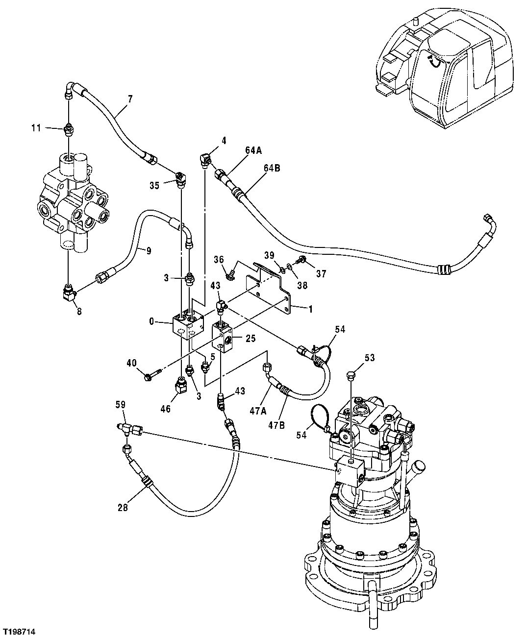 Схема запчастей John Deere 25CLC RTS - 145 - PILOT LINES (SOLENOID VALVE, PILOT SIGNAL MANIFOLD AND CONTROL VALVE TO BUCKET SHUTTLE VALVE) 3301 BLADES & SIDE CUTTERS