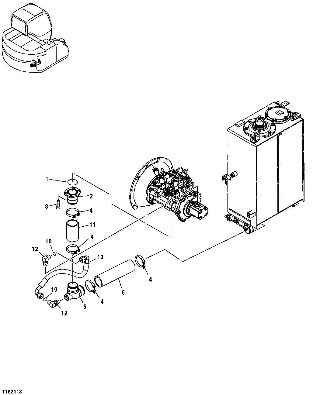 Схема запчастей John Deere 25CLC RTS - 216 - LOW PRESSURE LINES (RESERVOIR TO PUMP) 3363 LINES, HOSES AND FITTINGS