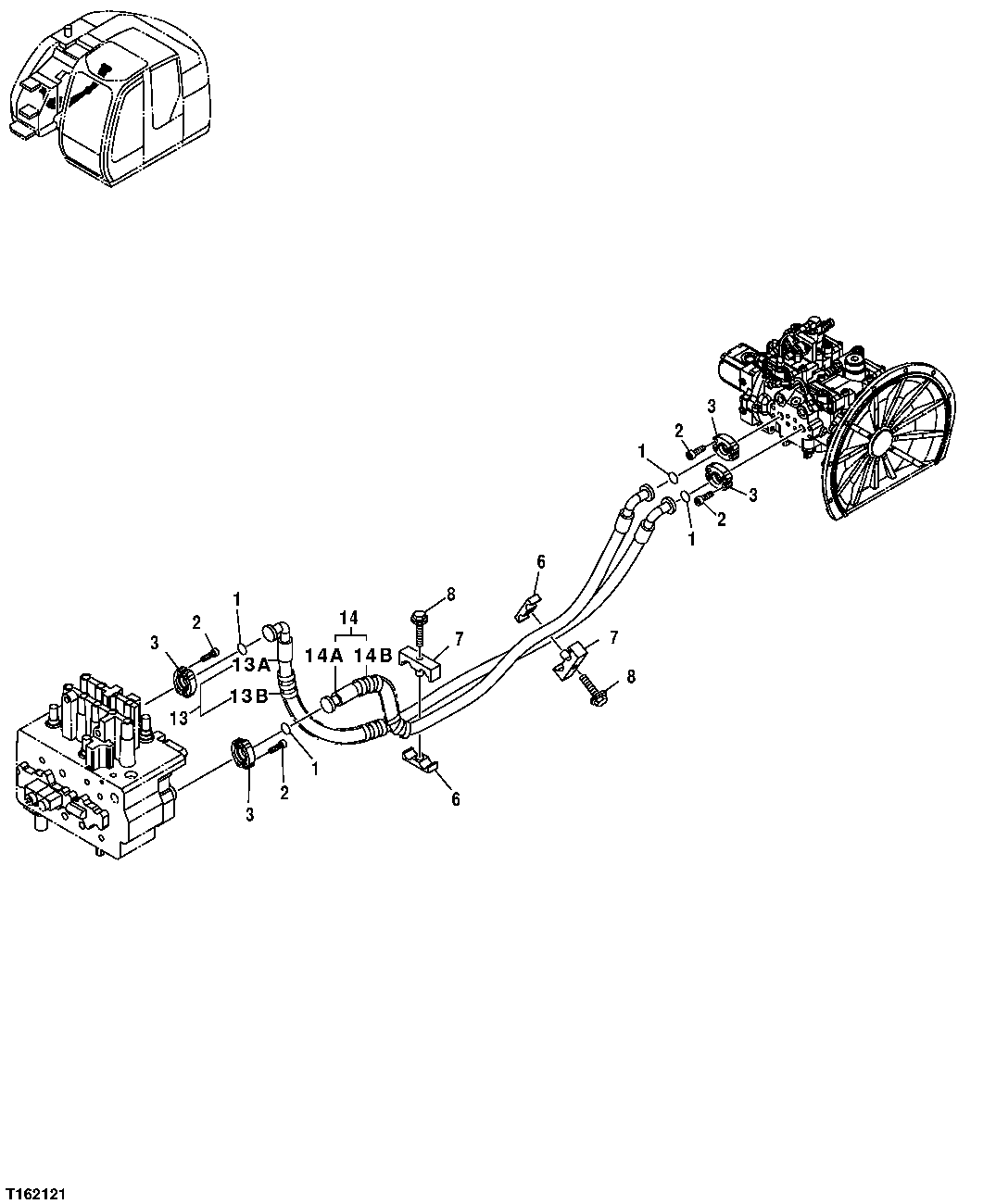 Схема запчастей John Deere 25CLC RTS - 217 - HIGH PRESSURE HYDRAULIC LINES (PUMP TO CONTROL VALVE) 3363 LINES, HOSES AND FITTINGS