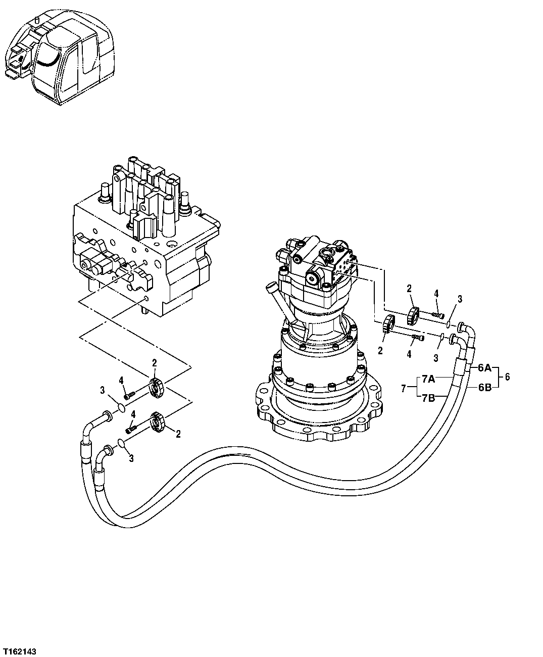 Схема запчастей John Deere 25CLC RTS - 223 - MAIN HYDRAULIC LINES (CONTROL VALVE TO SWING MOTOR) 3363 LINES, HOSES AND FITTINGS