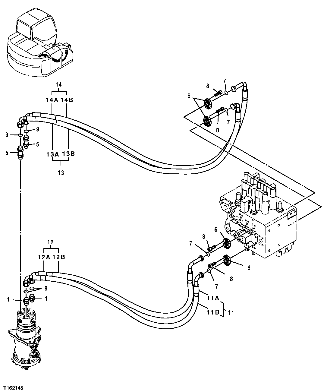 Схема запчастей John Deere 25CLC RTS - 224 - MAIN HYDRAULIC LINES (CONTROL VALVE TO ROTARY MANIFOLD) 3363 LINES, HOSES AND FITTINGS