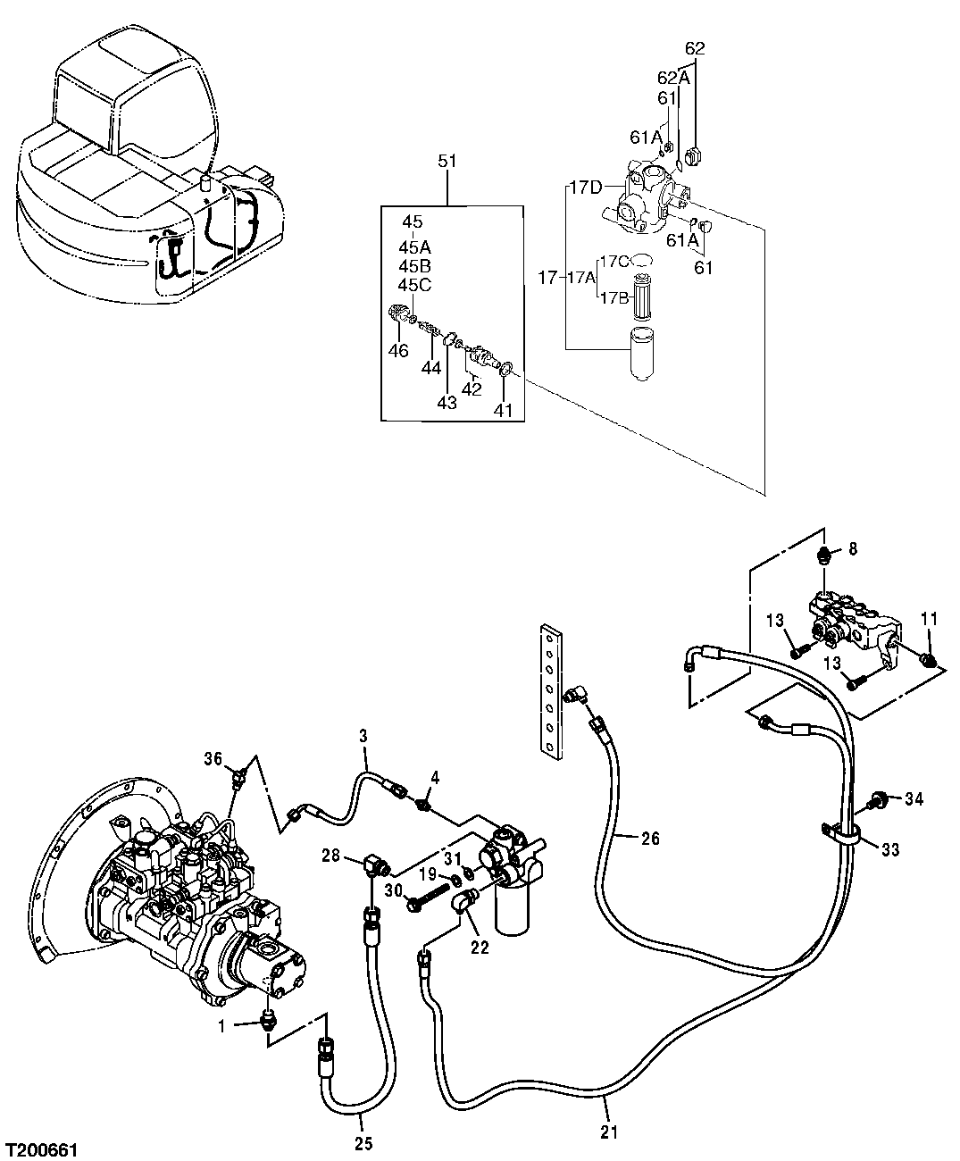 Схема запчастей John Deere 25CLC RTS - 225 - PILOT HYDRAULIC LINES (PUMP TO FILTER) (FILTER TO SOLENOID VALVE) 3363 LINES, HOSES AND FITTINGS