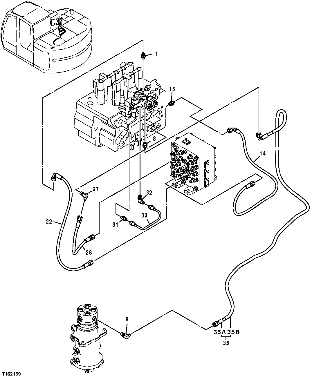 Схема запчастей John Deere 25CLC RTS - 227 - PILOT HYDRAULIC LINES (SEE FOOTNOTE) 3363 LINES, HOSES AND FITTINGS