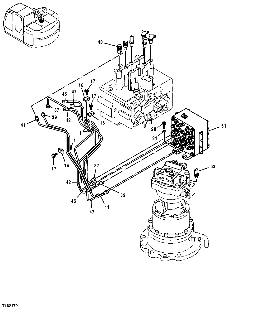 Схема запчастей John Deere 25CLC RTS - 229 - PILOT HYDRAULIC LINES (PILOT SIGNAL MANIFOLD TO TOP OF CONTROL VALVE) 3363 LINES, HOSES AND FITTINGS