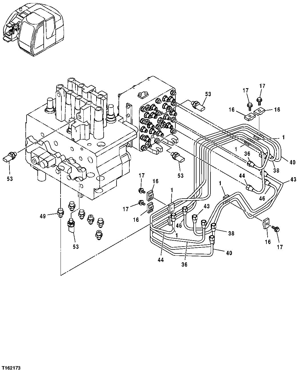 Схема запчастей John Deere 25CLC RTS - 230 - PILOT HYDRAULIC LINES (PILOT SIGNAL MANIFOLD TO BOTTOM OF CONTROL VALVE) 3363 LINES, HOSES AND FITTINGS