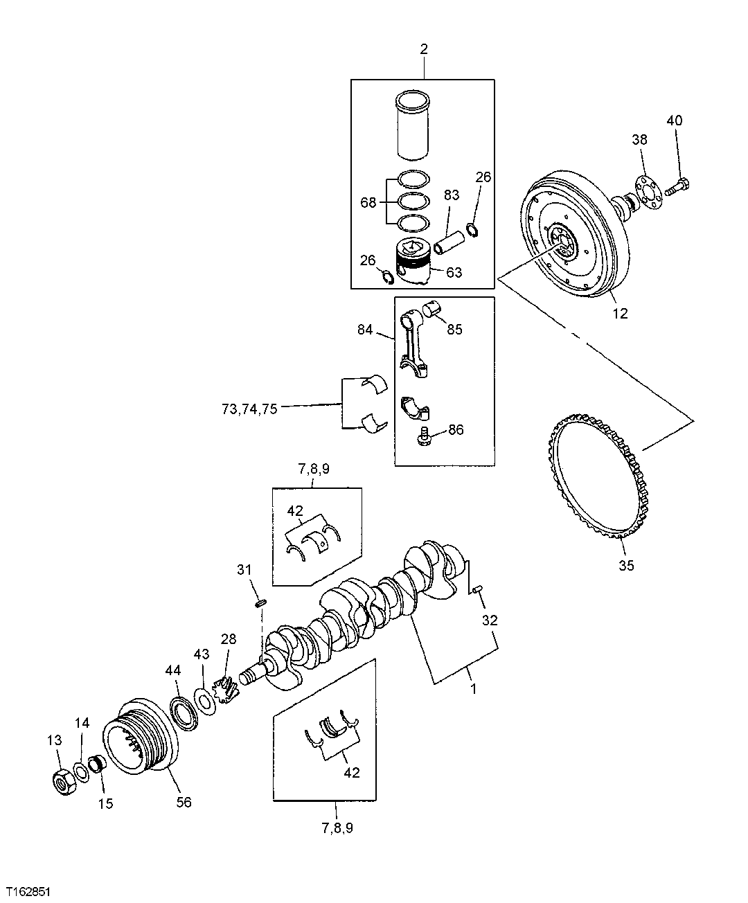 Схема запчастей John Deere 35D - 24 - Crankshaft, Connecting Rods and Pistons 0401 CRANKSHAFT AND MAIN BEARINGS