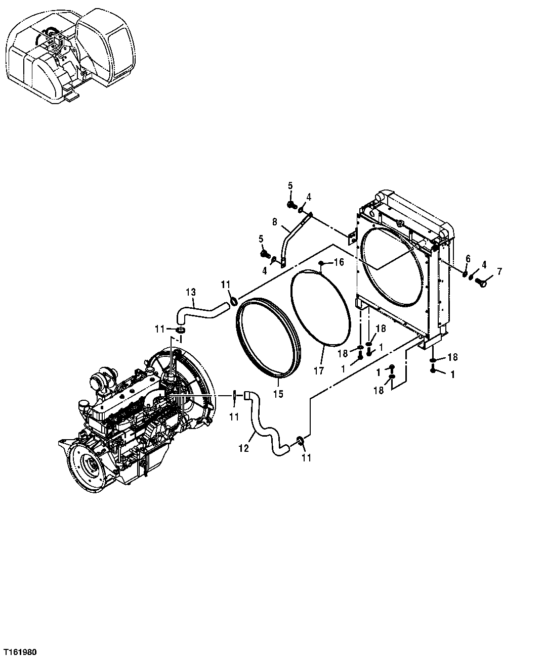 Схема запчастей John Deere 35D - 65 - RADIATOR HOSES 0511 RADIATOR & FAN SHROUD