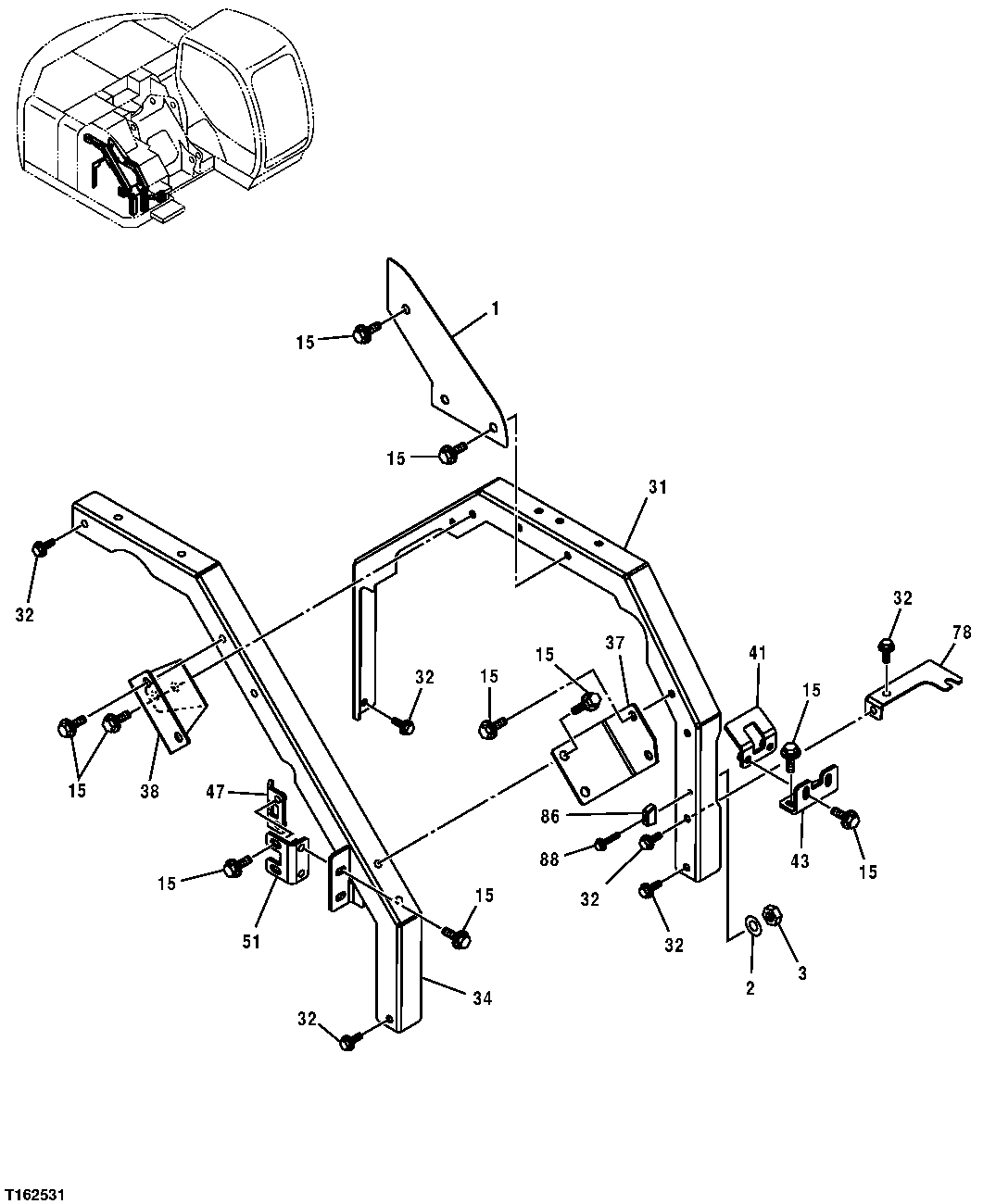 Схема запчастей John Deere 35D - 135 - CONTROL VALVE COMPARTMENT SUPPORTS 1910 HOOD OR ENGINE ENCLOSURE