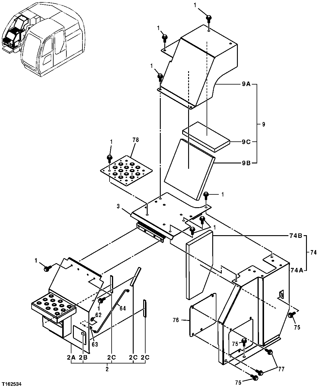 Схема запчастей John Deere 35D - 136 - CONTROL VALVE COMPARTMENT FRONT COVER AND STEPS 1910 HOOD OR ENGINE ENCLOSURE