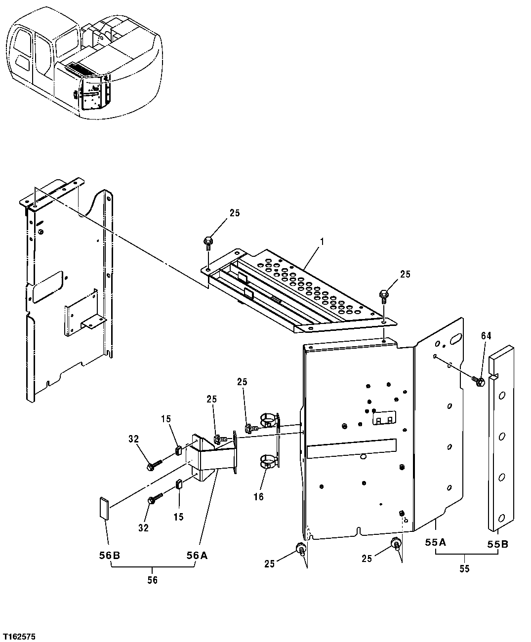 Схема запчастей John Deere 35D - 139 - COOLING PACKAGE COMPARTMENT REAR PANEL AND TOP COVER 1910 HOOD OR ENGINE ENCLOSURE